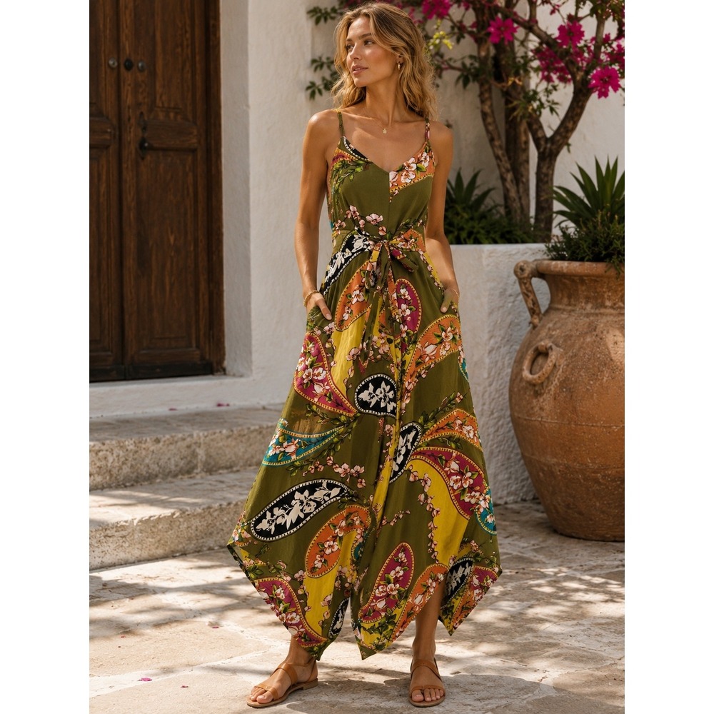 Ivy Street Floral Wide Leg Jumpsuit Rayon Tie Waist Boho Resortwear Small